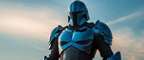 The mandalorian is standing in front of a blue sky photo