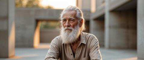 An old man with a long white beard sitting on a bench photo