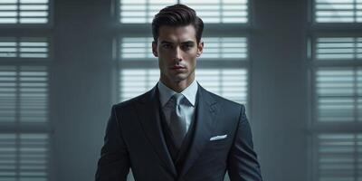A man in a suit standing in front of a window photo