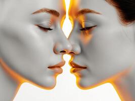 Two faces merging in a striking profile of intricate golden puzzle pieces and smooth contours. photo