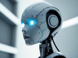 Robot with glowing blue eyes displays intricate metallic features in a futuristic setting. photo