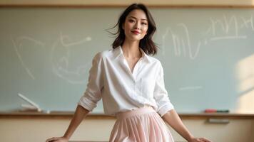 Model poses confidently on a desk in a classroom with a chalkboard in the background during daylight hours. photo