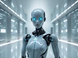 Futuristic humanoid robot with glowing blue eyes and advanced technology features in a modern setting. photo
