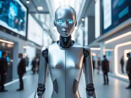 Futuristic humanoid robot with glowing eyes at a technology exhibition in a modern urban environment. photo