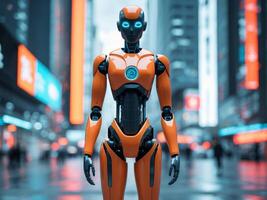 Futuristic humanoid robot with an orange and black design in an advanced urban setting exploring technology in modern society. photo