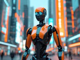 Futuristic humanoid robot with an orange and black design in an advanced urban setting exploring technology in modern society photo