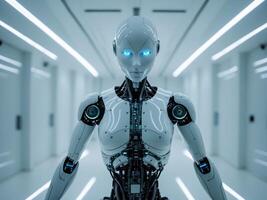 Futuristic humanoid robot with glowing blue eyes and advanced technology features in a modern setting photo