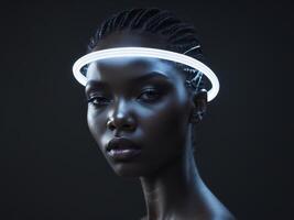 Futuristic african female with led headband in low light setting. photo