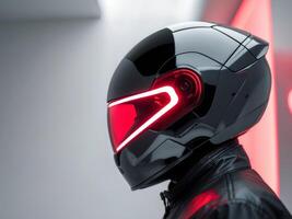 Futuristic helmet with red light on reflective surface. photo