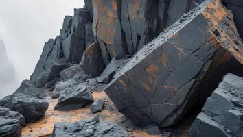 Dark Grey And Brown Jagged Rocks Steep Precipice. photo