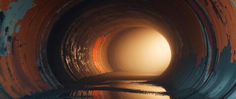 A rusted orange industrial tunnel with water reflecting golden light leading to a dark opening in a moody setting. photo