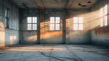 An empty room with sun shining through the windows photo