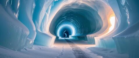 A tunnel with ice walls and a light at the end photo