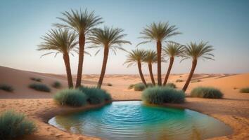 A small pool in the desert with palm trees photo