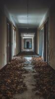 An empty hallway with leaves on the floor photo
