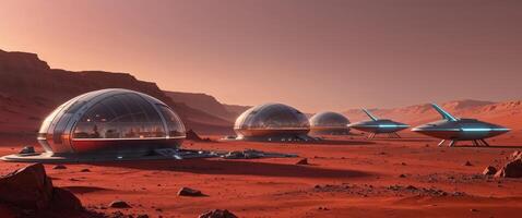 A martian colony featuring dome habitats amidst red desert landscapes and nearby spaceships. photo