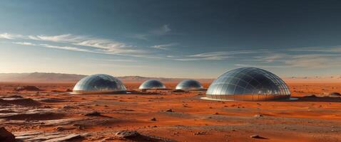 Colonization of modern technological glass iron domes on the orange desert of Mars photo