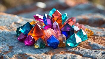 a close up of a pile of different colored crystals on a rock. photo