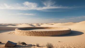 A large circular stone structure sits in the middle of a desert. photo