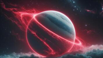 Enigmatic planet surrounded by striking red swirl in a cosmic backdrop of darkness and celestial wonders photo