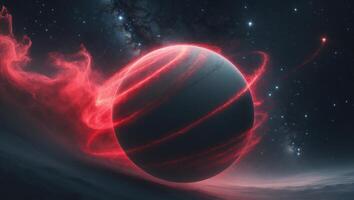 Enigmatic planet surrounded by striking red swirl in a cosmic backdrop of darkness and celestial wonders. photo