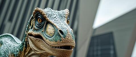A close up of a dinosaur head in front of a building photo