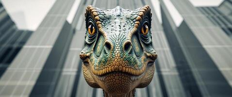 A close up of a dinosaur head in front of a building. photo