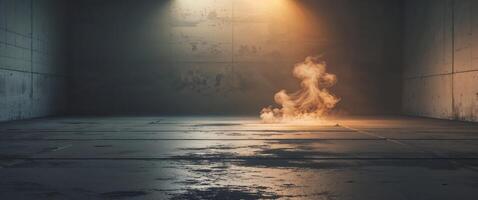 empty space of studio dark room concrete floor grunge texture background with golden lighting effect and smoke in background photo