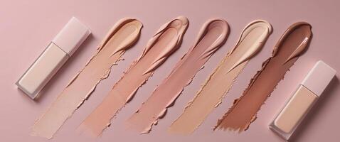 Cosmetic foundation swatches on a pink background showcasing a range of skin tones with Copy Space for text placement photo