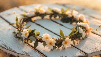 Rustic floral crown on weathered wooden table at sunset. photo