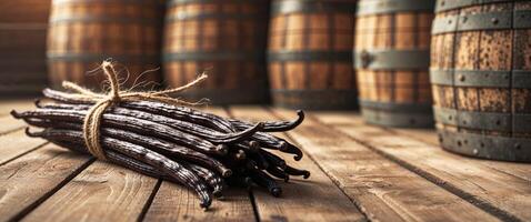 Bunch of Dark Brown Vanilla Beans Tied with Twine Surrounded by Rustic Stacked Wooden Casks in a Farmhouse Style Setting photo