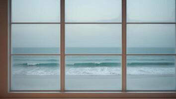 a dimly lit room with a large window and a view of the ocean photo