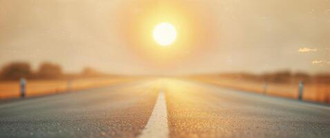 A blurry image of a road with a sun in the background. photo