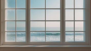 a dimly lit room with a large window and a view of the ocean. photo