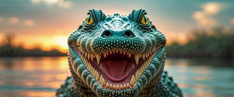 Close Up Of A Crocodile With Its Mouth Open In The River At Sunset. photo
