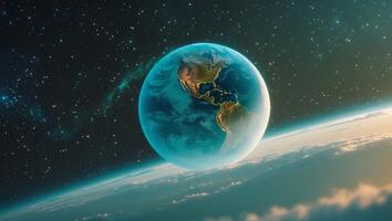 Planet Earth Surrounded by Stars at Sunrise with Illuminated Continents and Ocean View from Space. photo