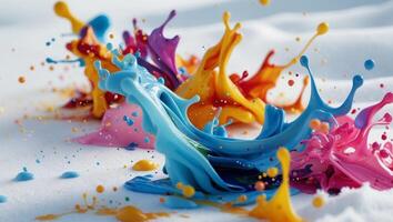 Expressive ink spills and splatters on a clean white surface backdrop. photo