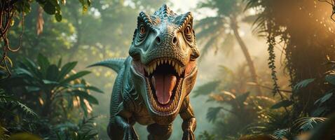 Low angle view of a dinosaur with its mouth open in the lush jungle. photo