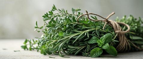 Fresh Herbs Tied in Rustic Bundle for Culinary Inspiration photo