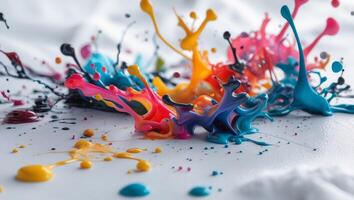 Expressive ink spills and splatters on a clean white surface backdrop photo
