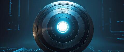 Shield with a glowing lock in the digital world photo