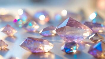 a close up of a bunch of crystals on a table photo