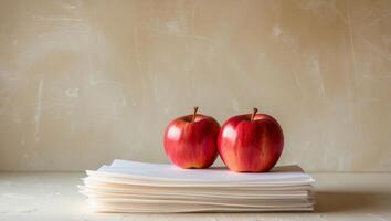 Two red apples on a stack of papers in a classroom with a chalkboard in the background photo
