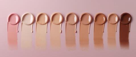 Cosmetic foundation swatches on a pink background showcasing a range of skin tones with Copy Space for text placement. photo