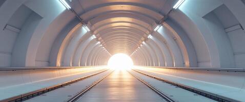 Symmetrical View Down an Empty Jet Bridge Tunnel with Bright Light. photo
