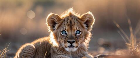 Young Lion Cub with Striking Blue Eyes in Natural Light Setting photo