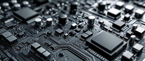 Intricate circuit board featuring complex pathways and electronic components for advanced technology applications. photo