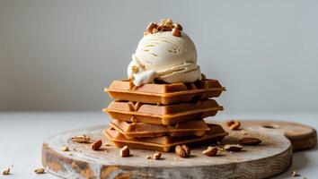A stack of waffles with ice cream and pecans photo