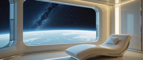 A futuristic room with a chair and a window looking out to space photo
