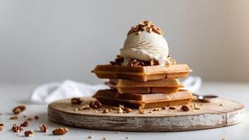 A stack of waffles with ice cream and pecans photo